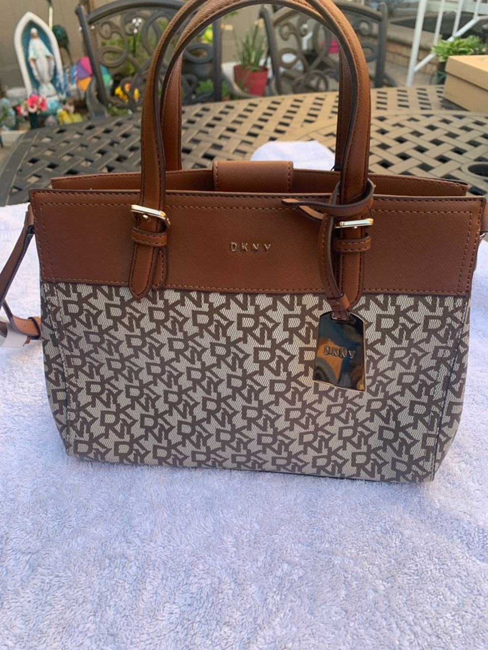 DKNY Brown Logo-Print Satchel with Tan Leather Trim